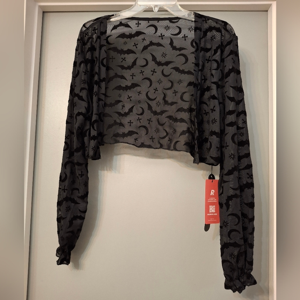Black Sheer Flocked Bat Moon Top